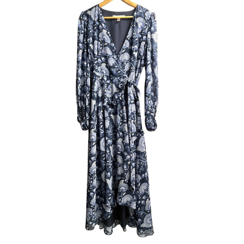 Hutch x Anthropologie Abstract Geo Wrap Maxi Dress L Large Blue Chiffon Boho EUC